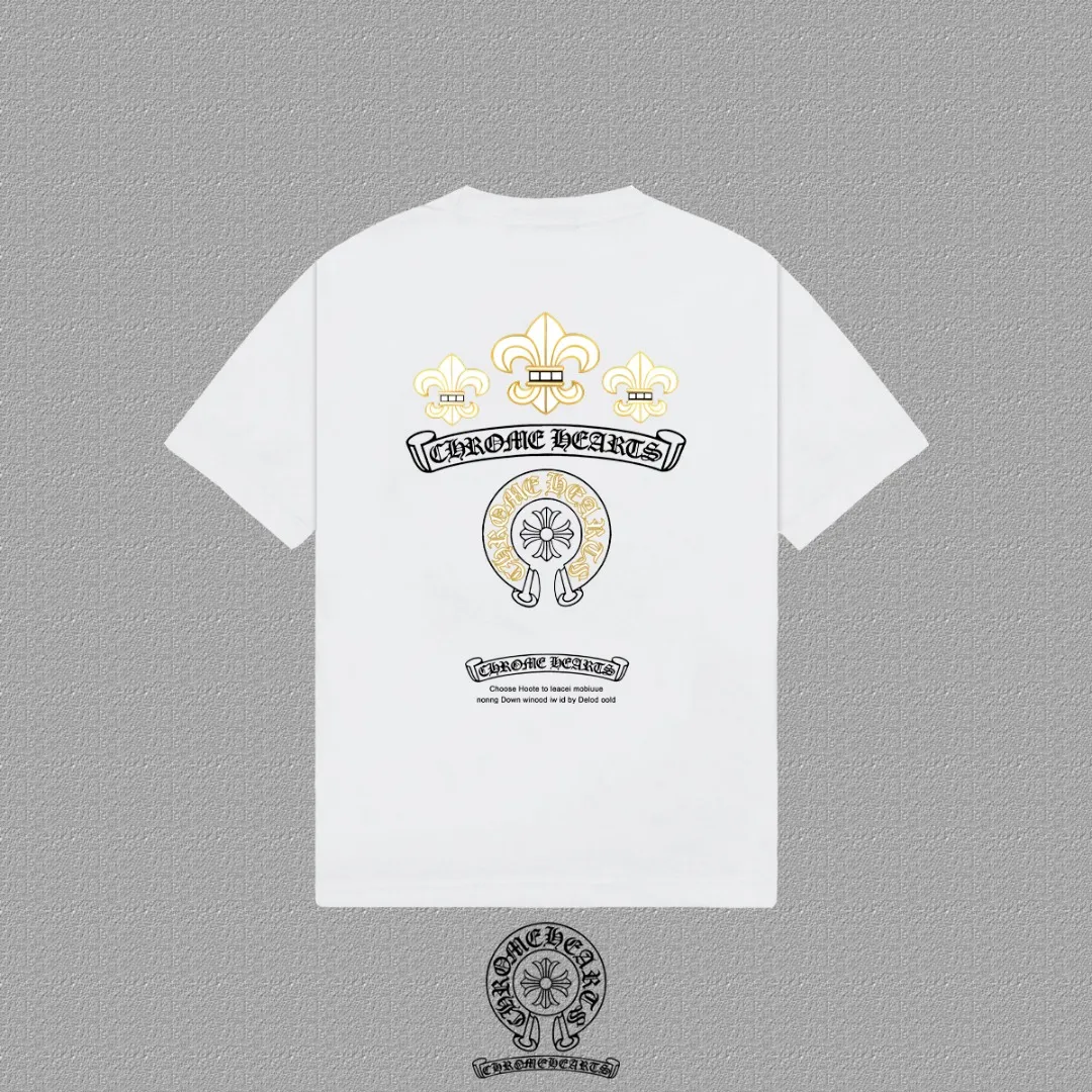 🅿️170 [CH Crow Heart] 2025FW short-sleeved T-shirt, letter LOGO printing, high-end 26s double yarn 300g fabric, heavy fabric, custom stretcher rib, same vat and dye, complete three standards, same style for men and women, color: black, white, size: S M L XL 2XL
